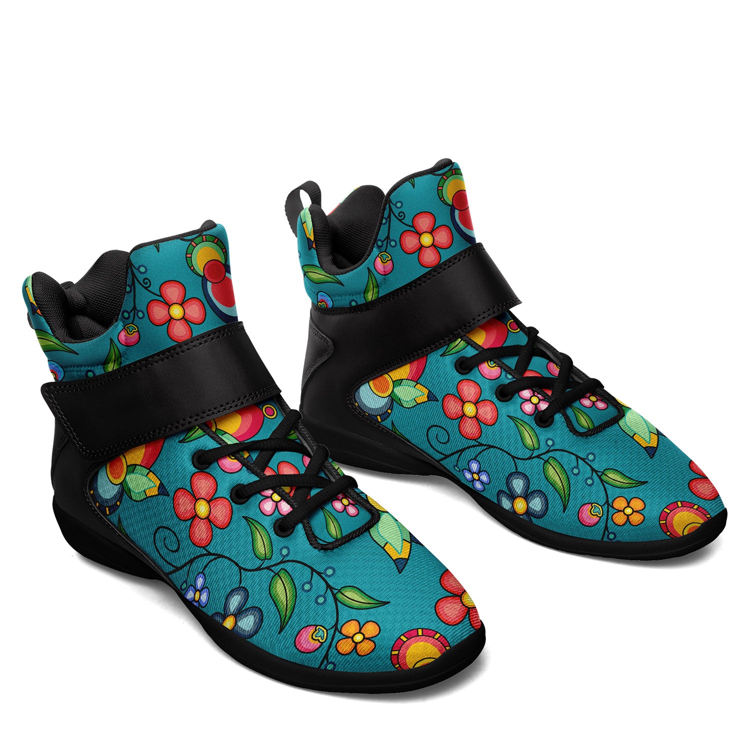 Floral Bounty Teal Ipottaa Basketball / Sport High Top Shoes - Black Sole