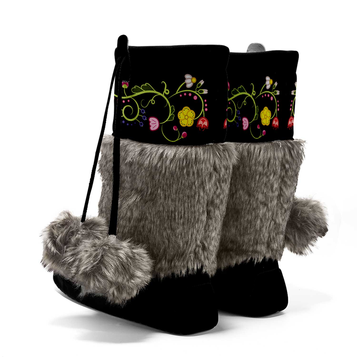 Floral Maskwa Black Real Leather MocLux with Fur