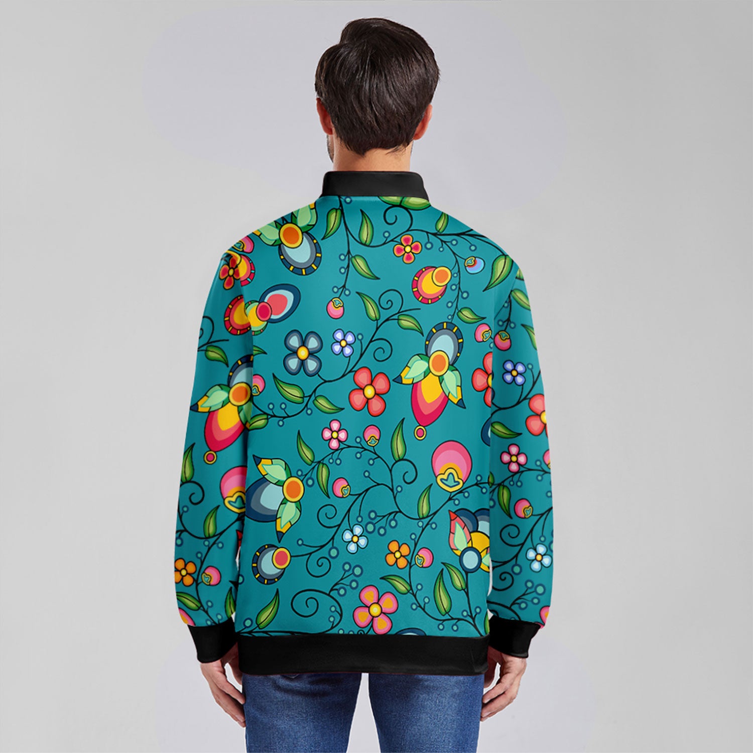 Floral Bounty Teal Zippered Collared Lightweight Jacket