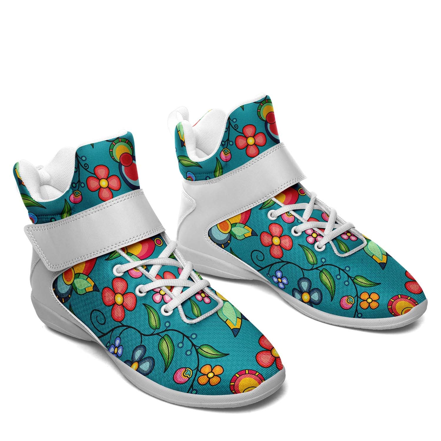 Floral Bounty Teal Ipottaa Basketball / Sport High Top Shoes - White Sole