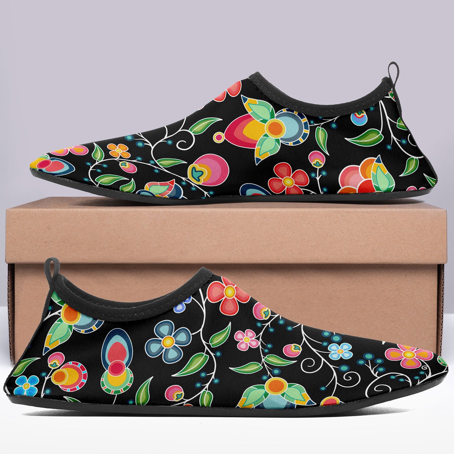 Floral Bounty Black Kid's Sockamoccs Slip On Shoes