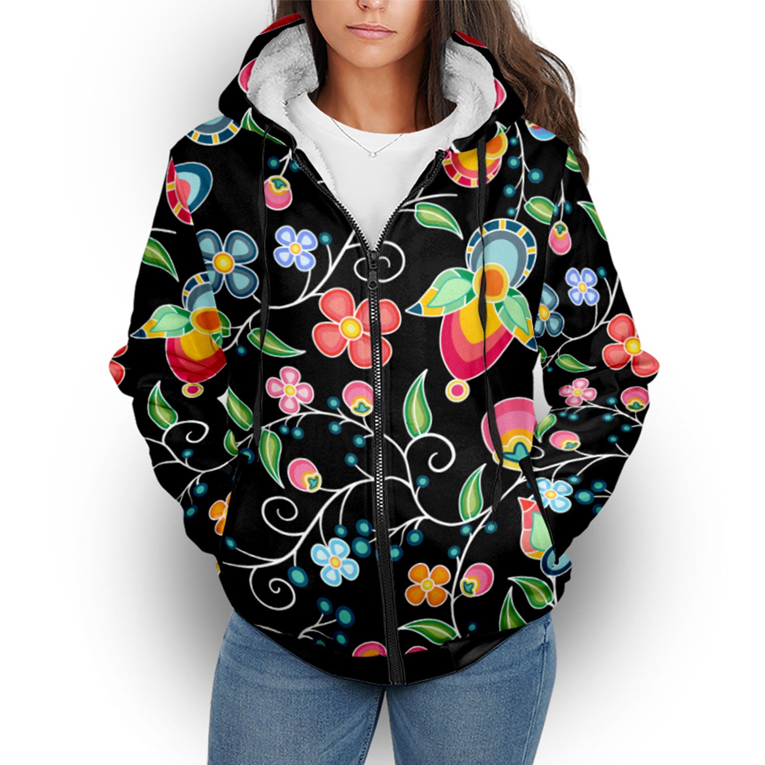 Floral Bounty Black Sherpa Hoodie