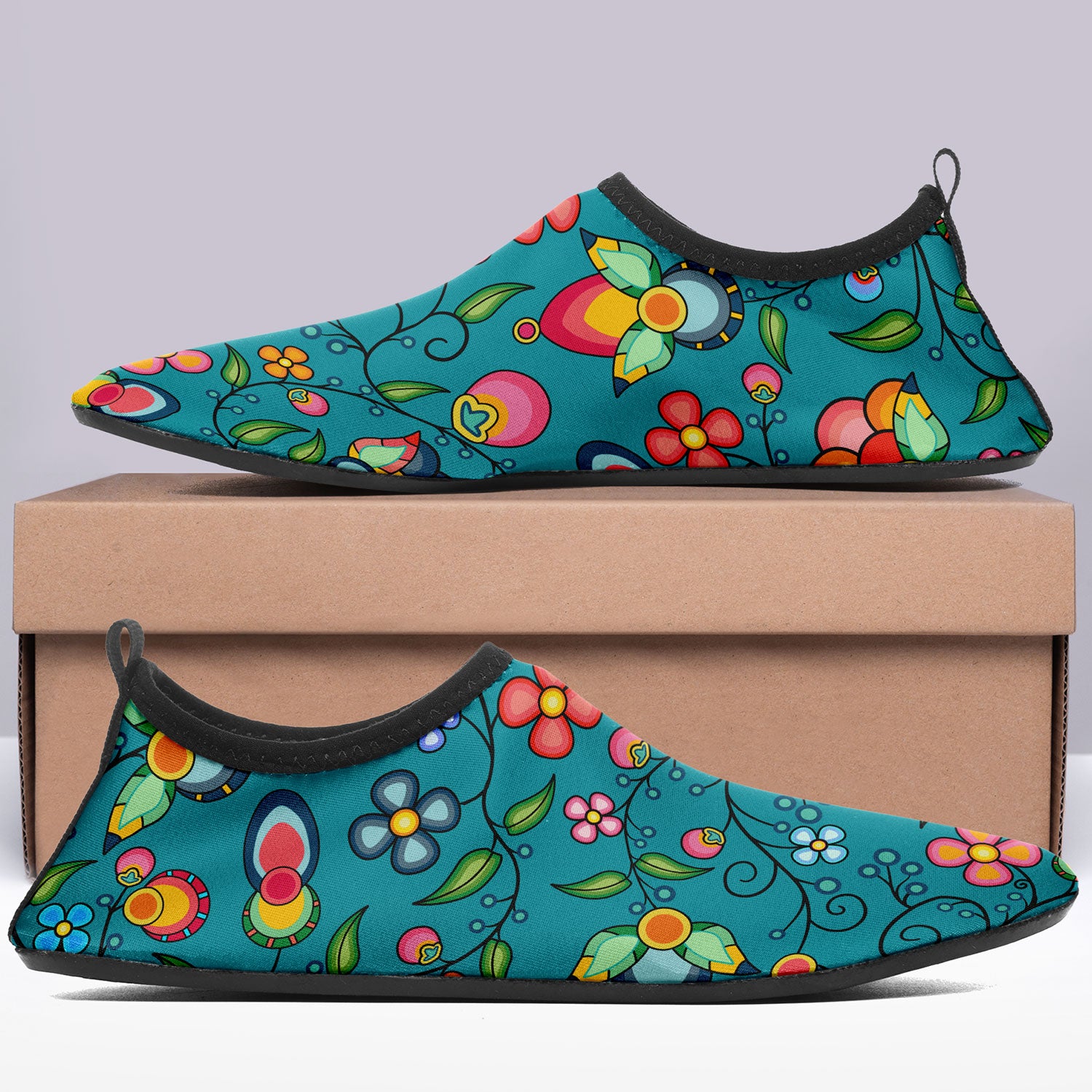 Floral Bounty Teal Kid's Sockamoccs Slip On Shoes