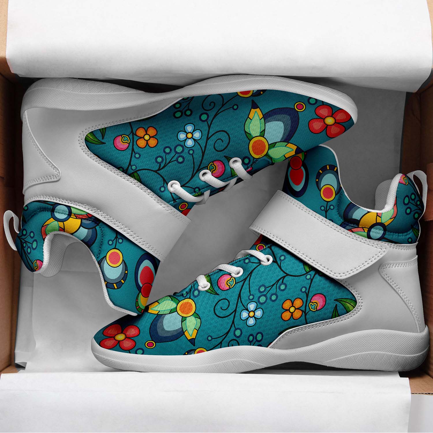 Floral Bounty Teal Ipottaa Basketball / Sport High Top Shoes - White Sole