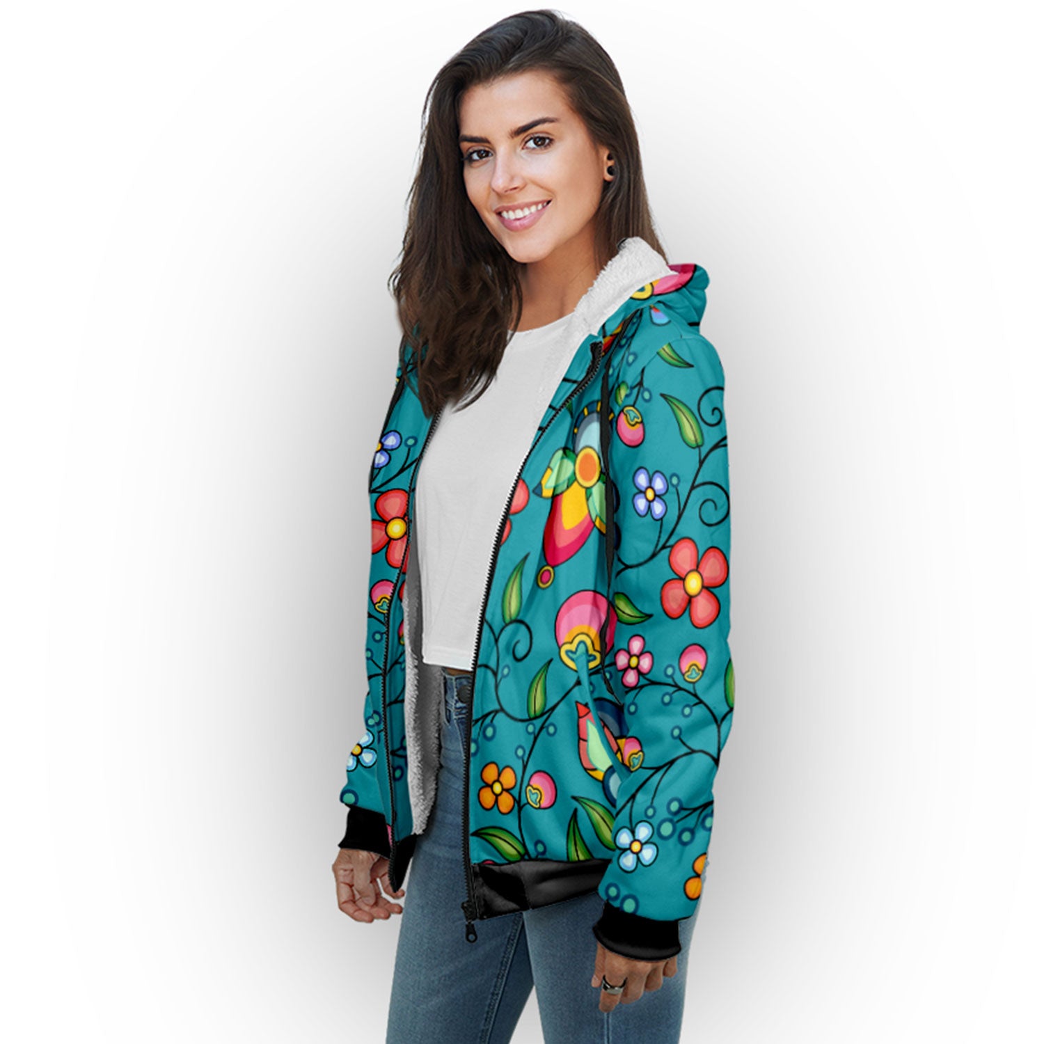 Floral Bounty Teal Sherpa Hoodie