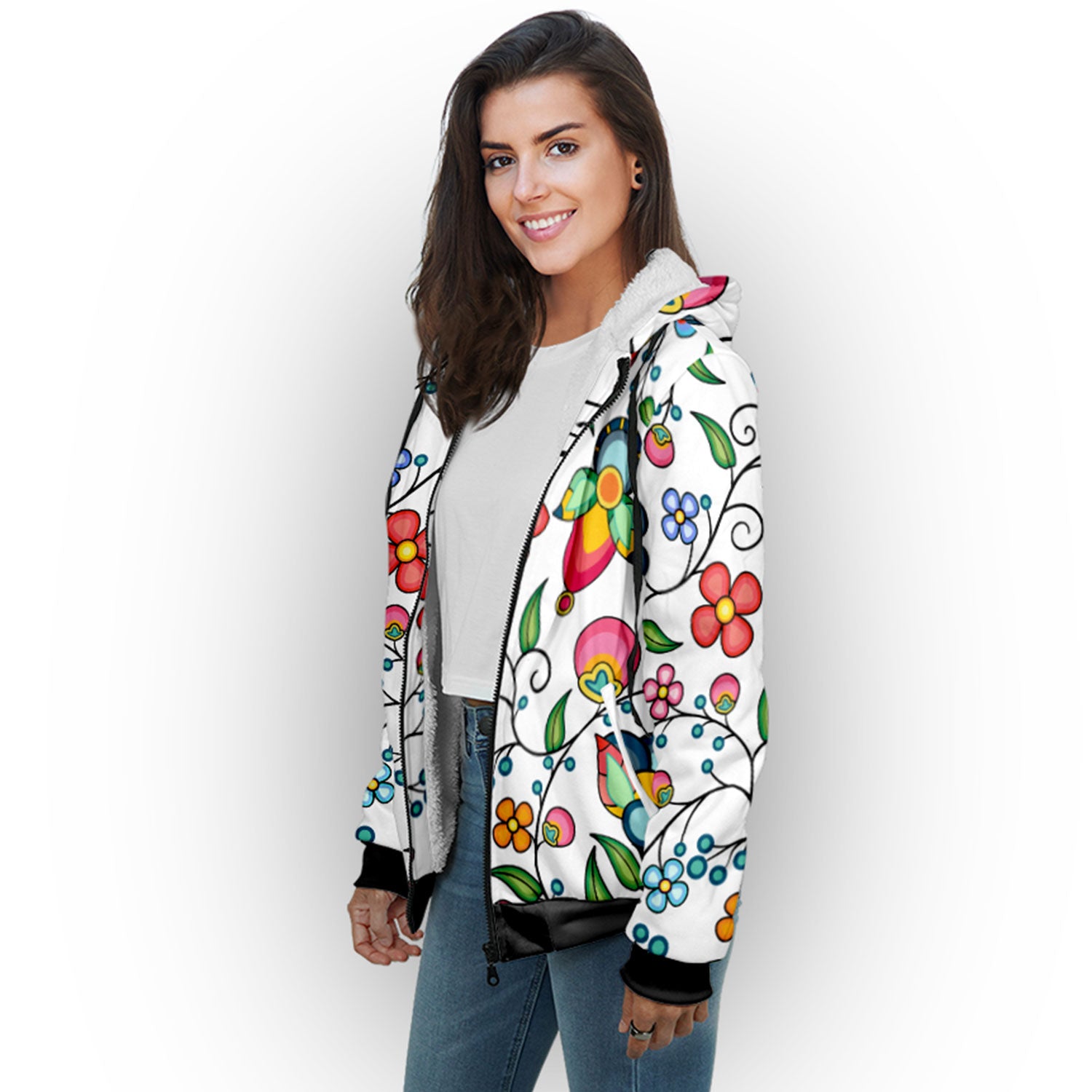 Floral Bounty White Sherpa Hoodie