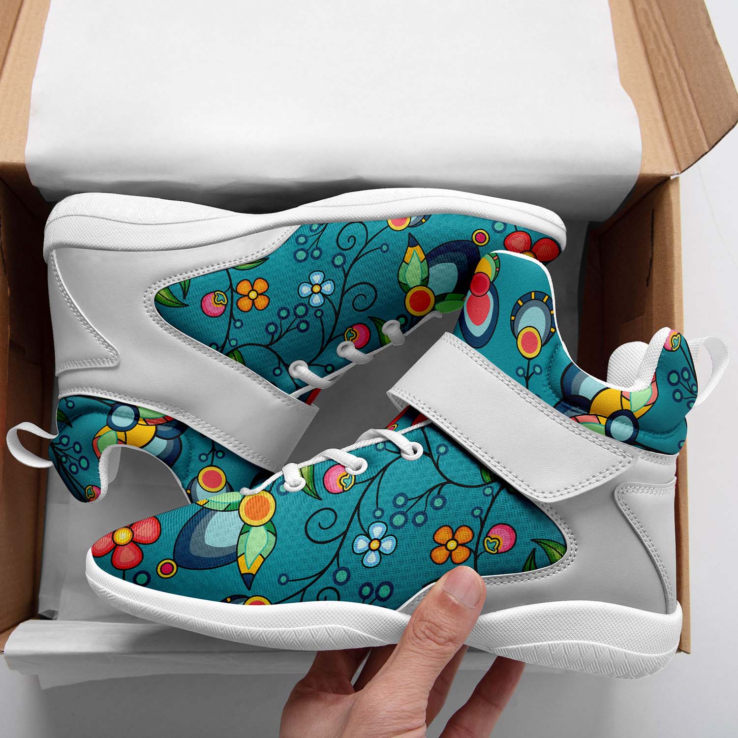 Floral Bounty Teal Ipottaa Basketball / Sport High Top Shoes - White Sole