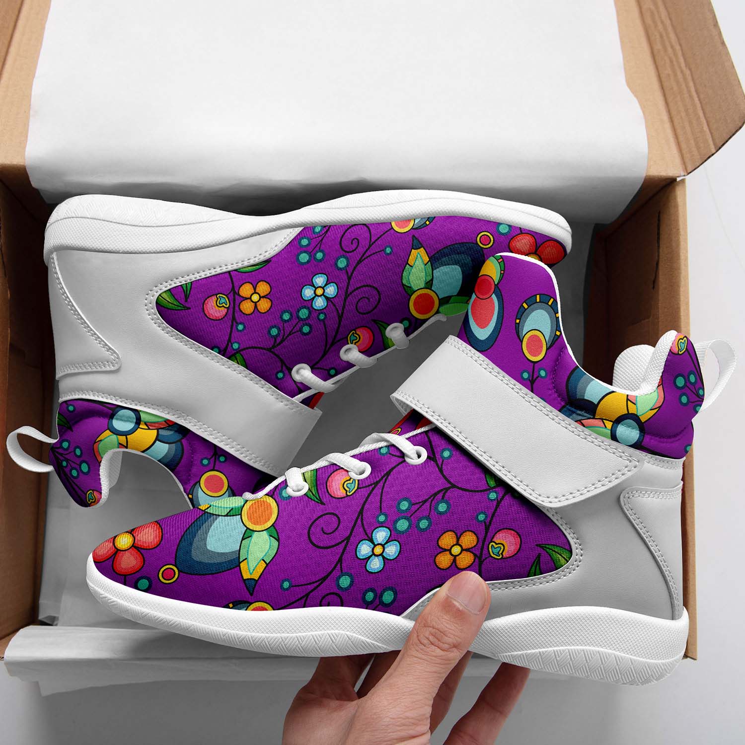 Floral Bounty Purple Leaves Ipottaa Basketball / Sport High Top Shoes - White Sole