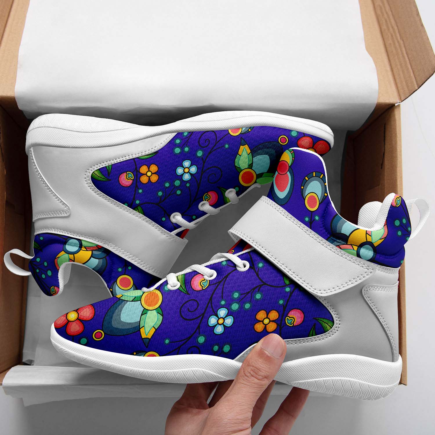 Floral Bounty Blue Ipottaa Basketball / Sport High Top Shoes - White Sole