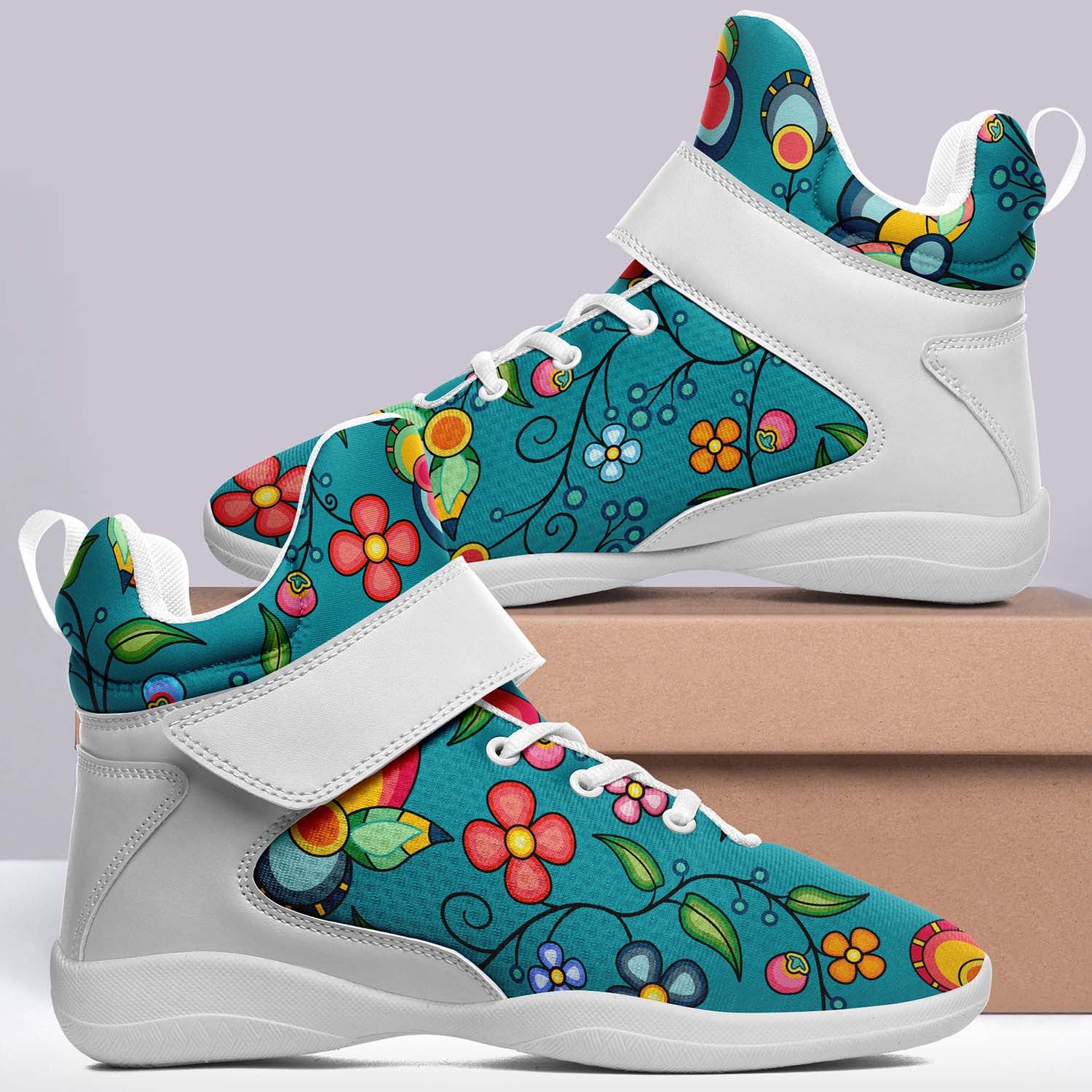 Floral Bounty Teal Ipottaa Basketball / Sport High Top Shoes - White Sole