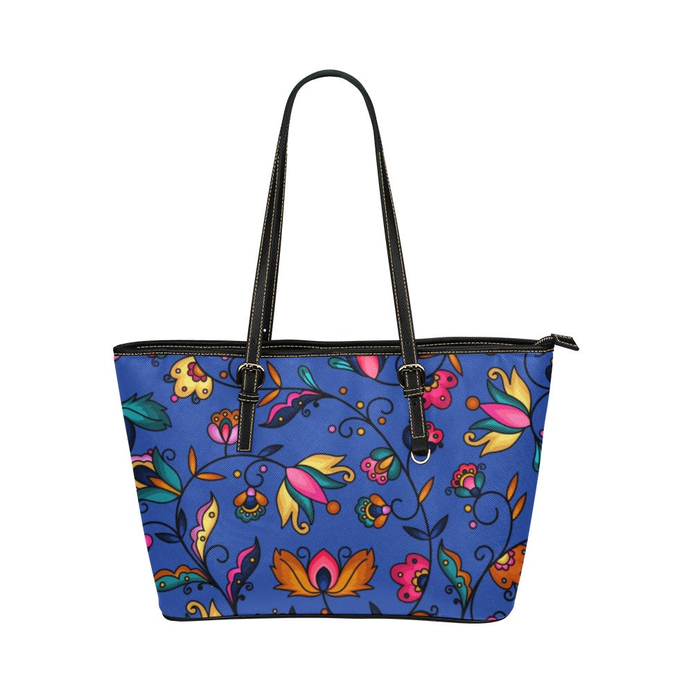 Copper Prairie Petals Blue Leather Tote Bag/Large