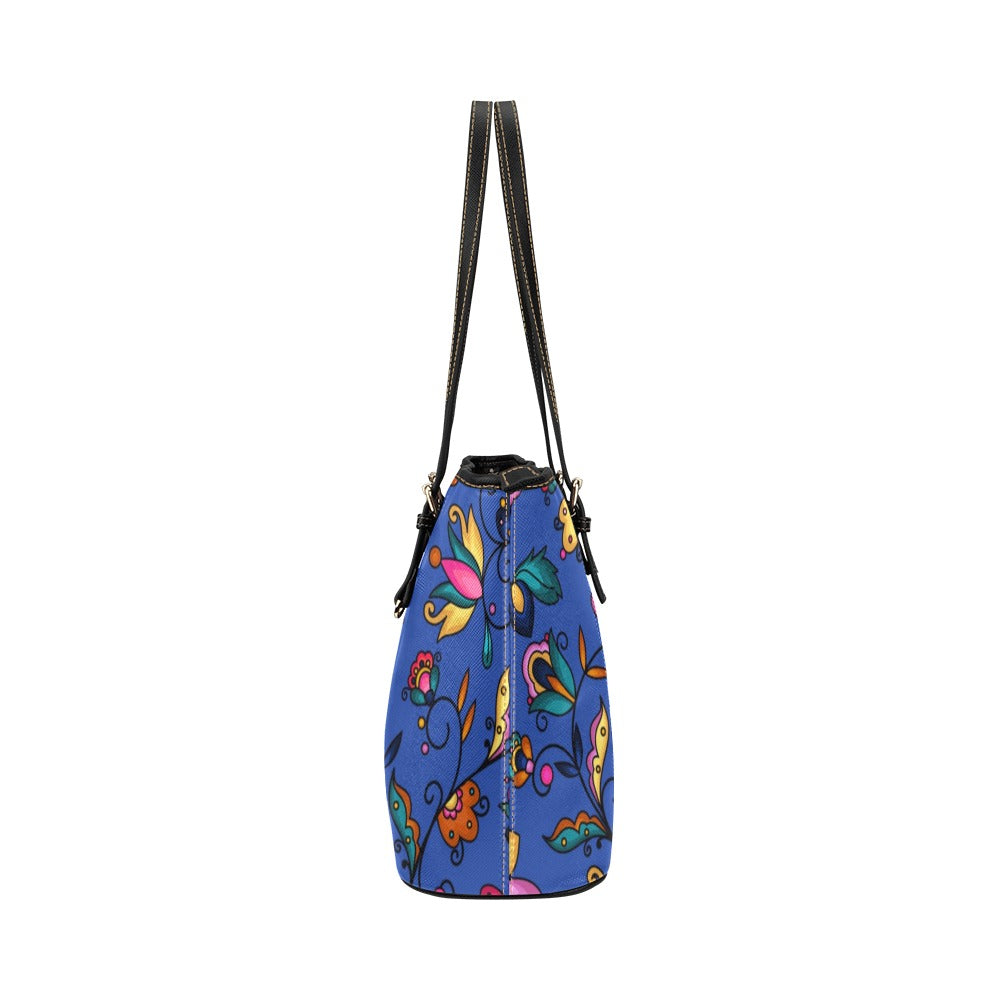 Copper Prairie Petals Blue Leather Tote Bag/Large