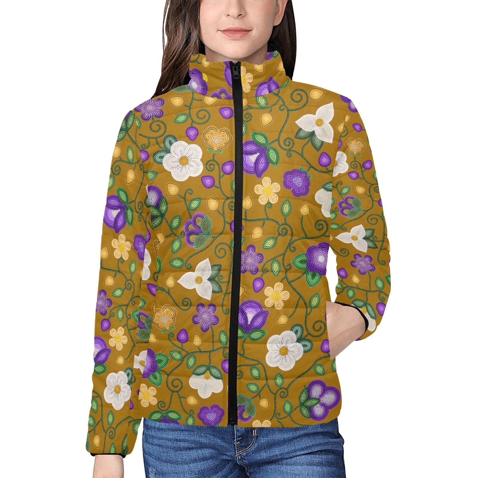 Midnight Moss Bloom Toffee Women's Stand Collar Padded Jacket
