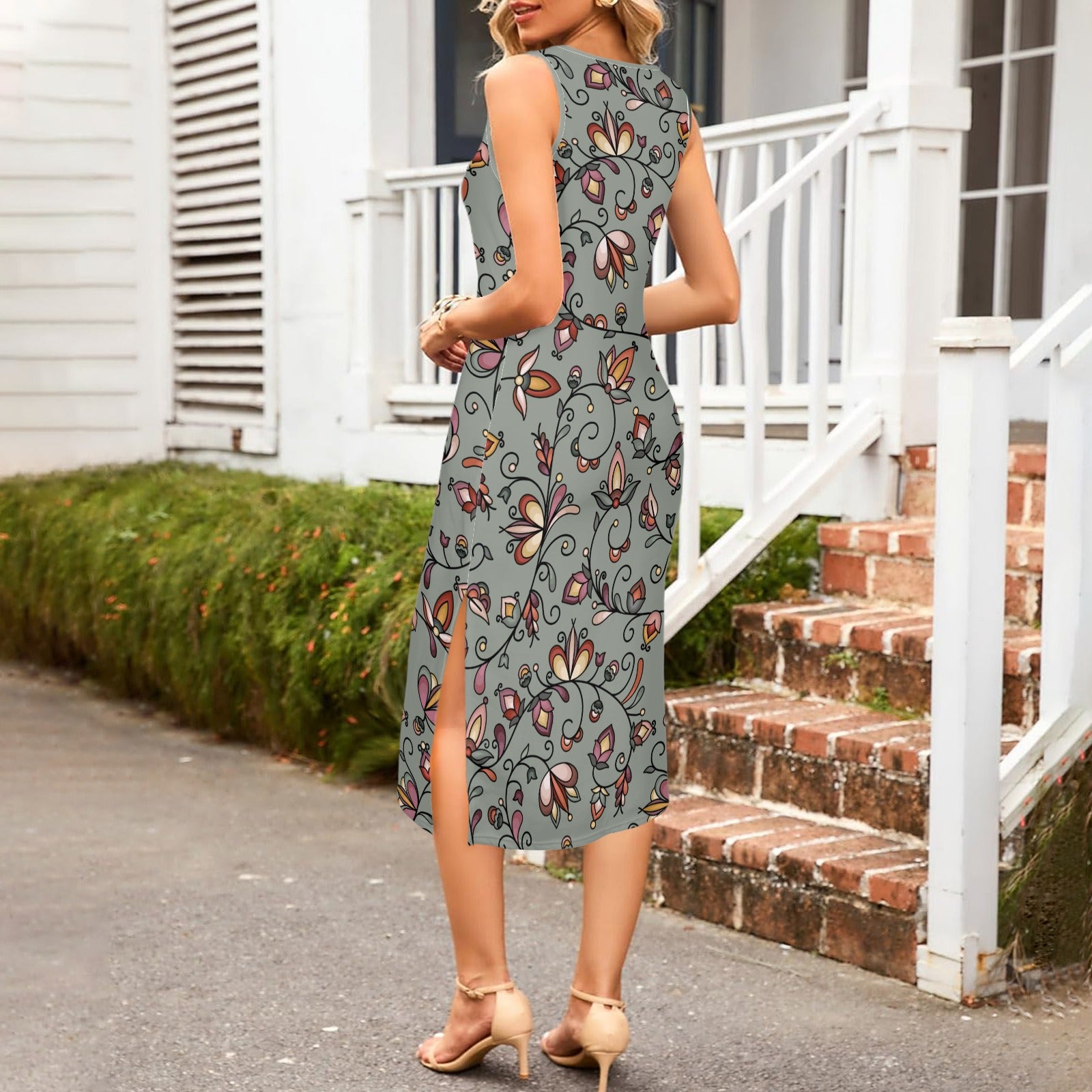 Burnt Sky Petals Green Phaedra Sleeveless Open Fork Long Dress