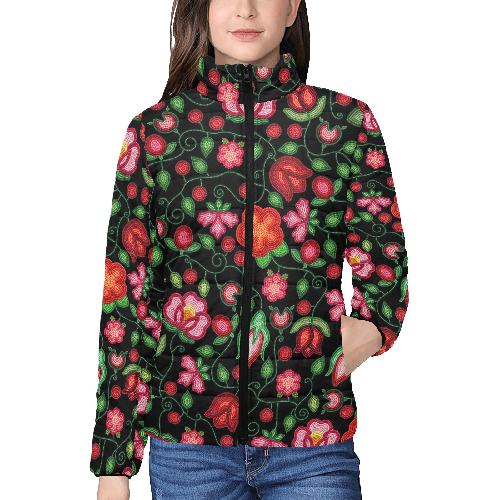 Rose Reverie Black Women's Stand Collar Padded Jacket