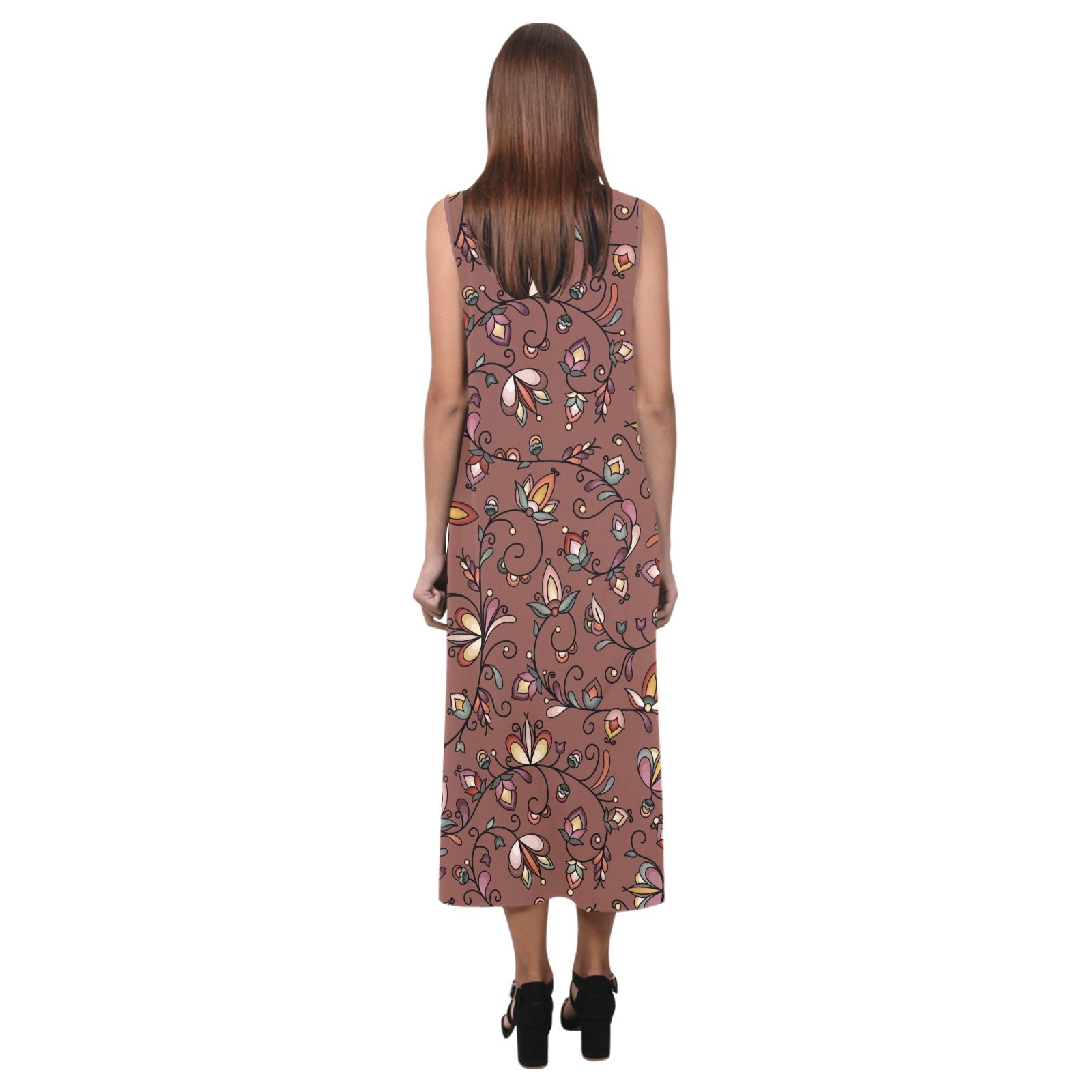 Burnt Sky Petals Brown Phaedra Sleeveless Open Fork Long Dress