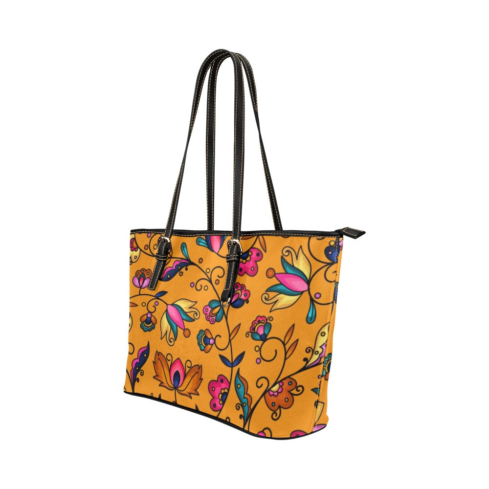 Copper Prairie Petals Orange Leather Tote Bag/Large