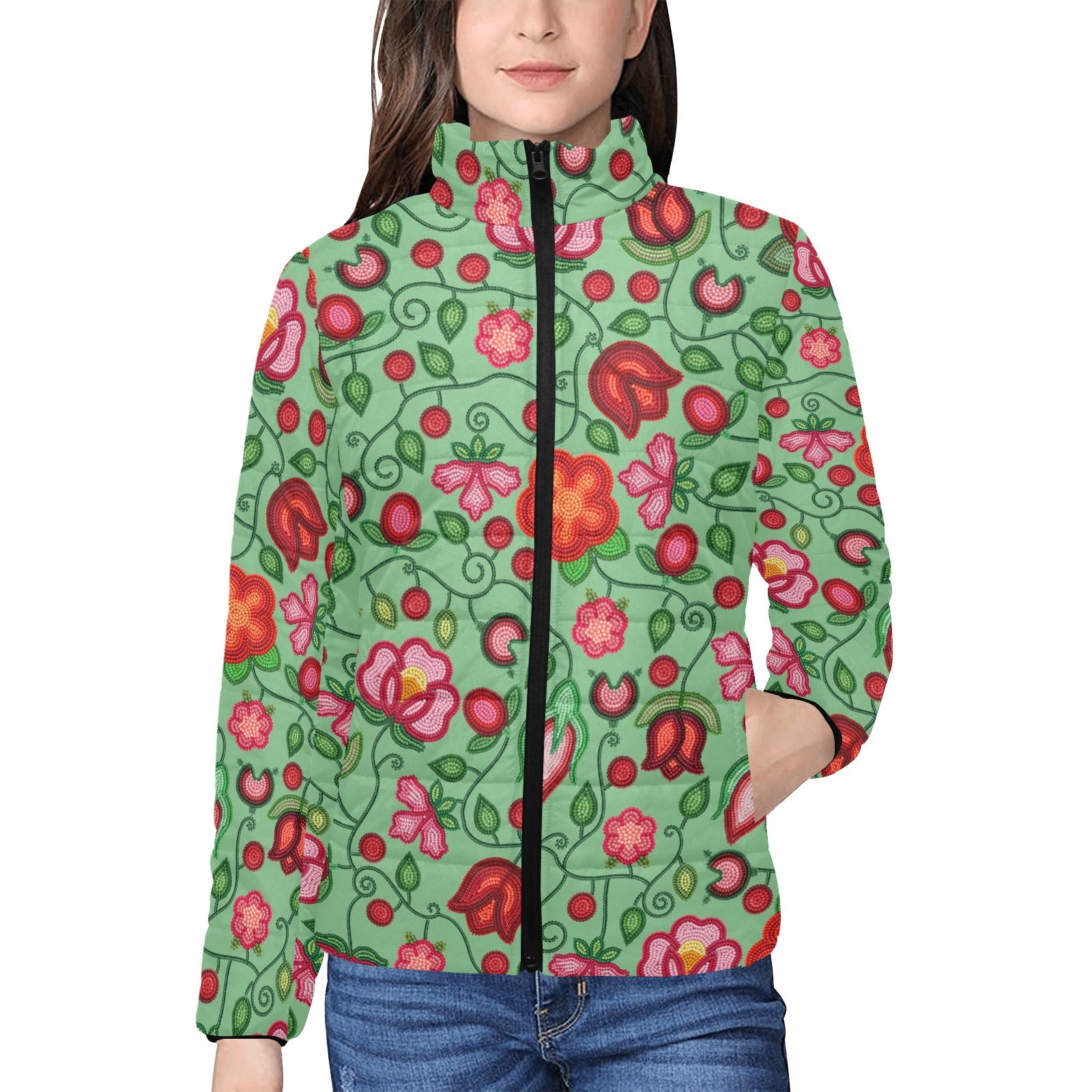 Rose Reverie Green Women's Stand Collar Padded Jacket
