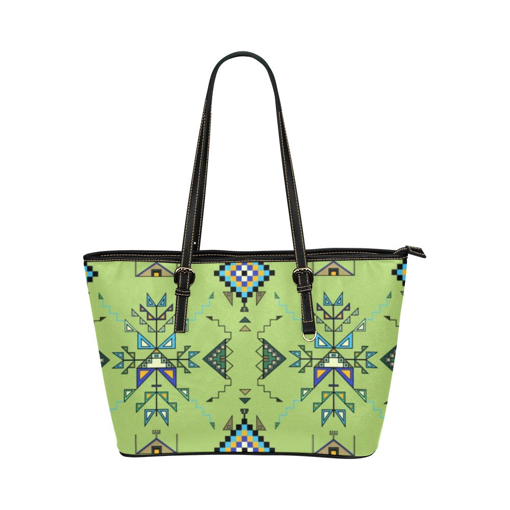 Bear Shield Green Leather Tote Bag/Large