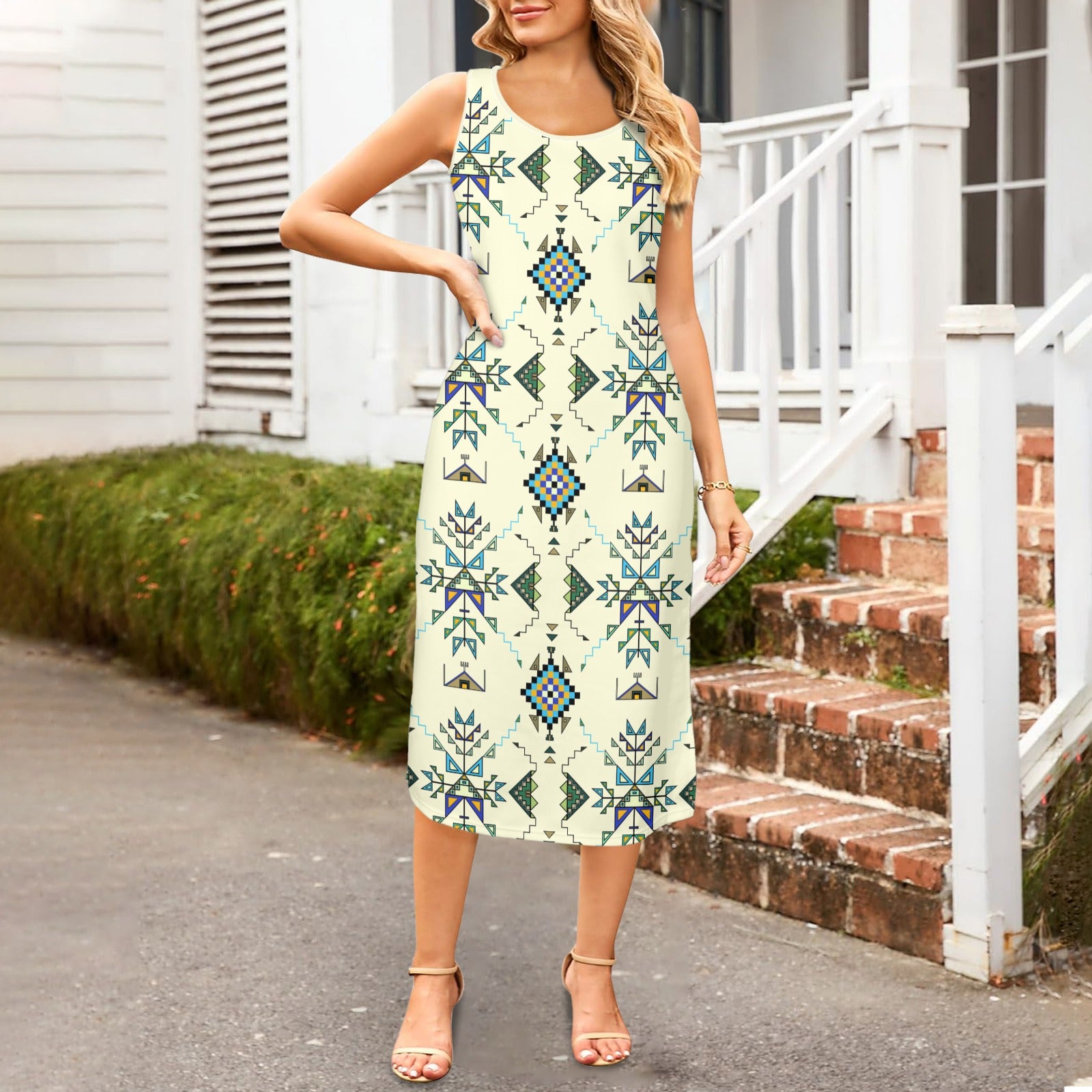 Bear Shield Cream Phaedra Sleeveless Open Fork Long Dress