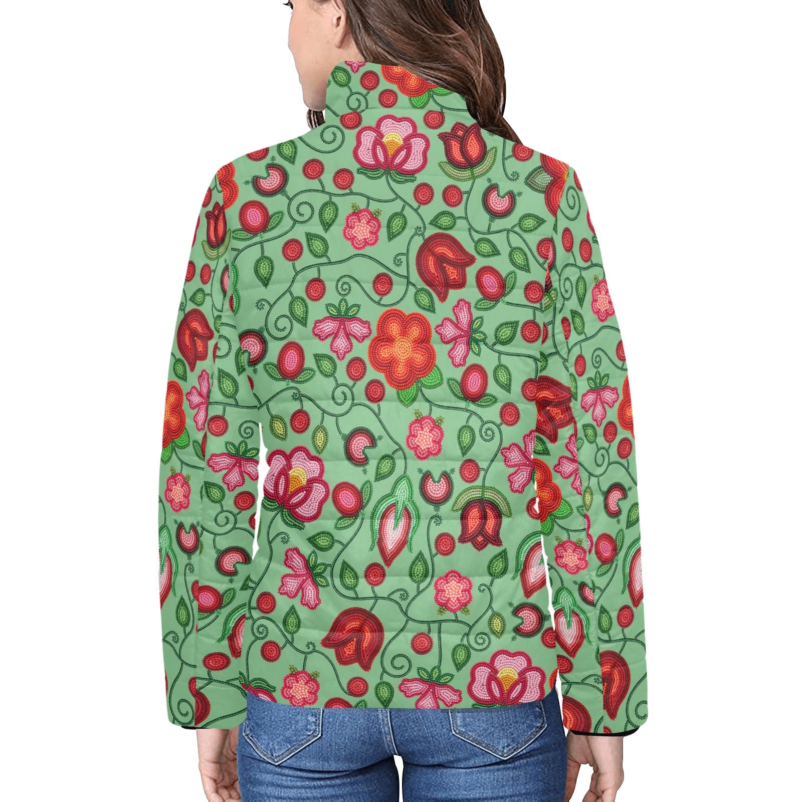 Rose Reverie Green Women's Stand Collar Padded Jacket