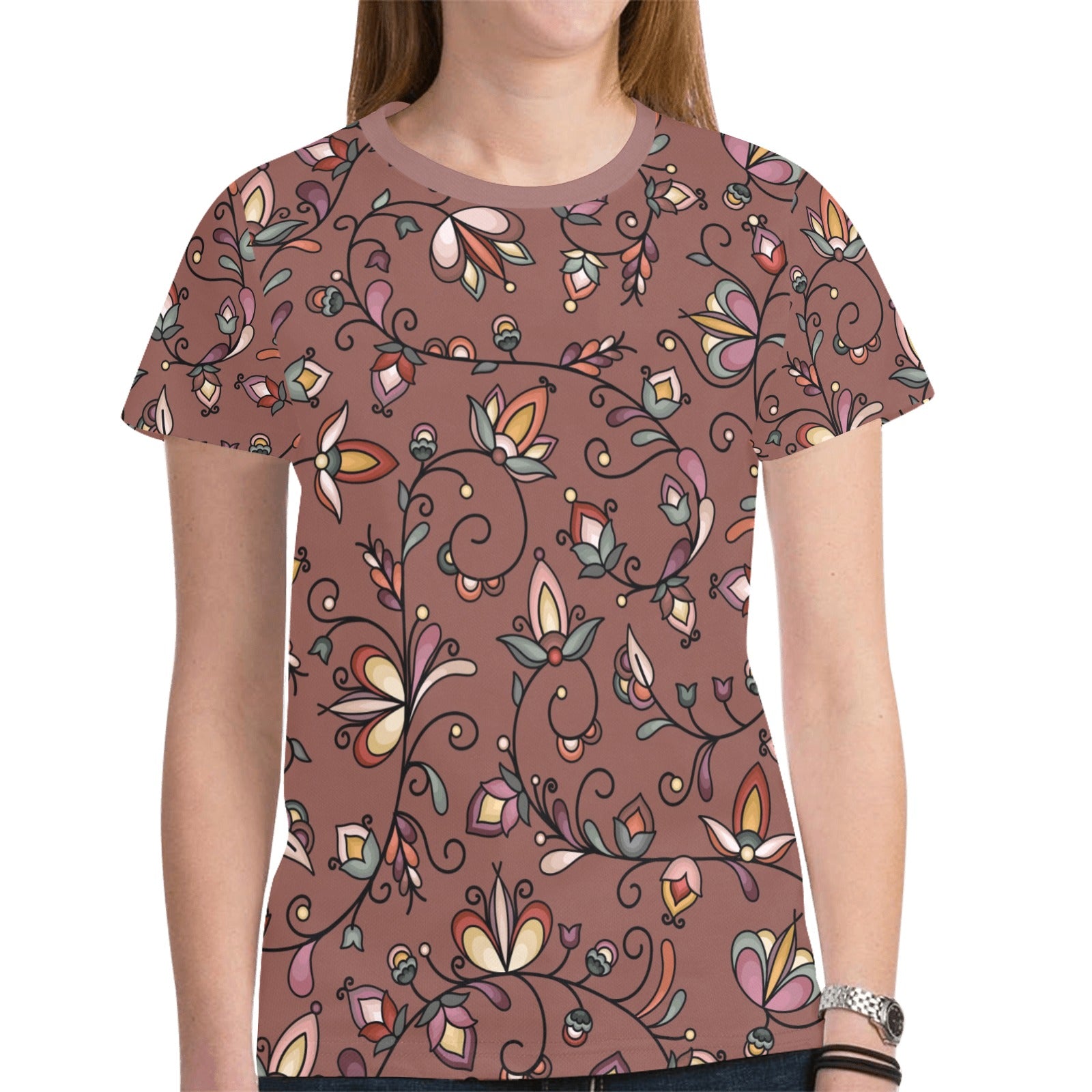 Burnt Sky Petals Brown T-shirt for Women