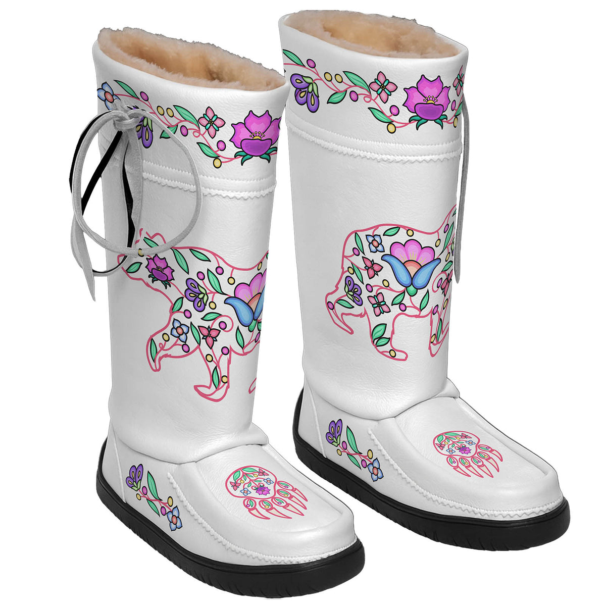 Bear Floral White Real Leather MocLux Tall
