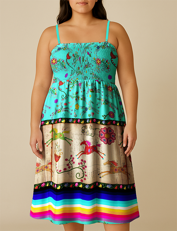 Floral Ledger Horse Turquoise Smock Top Dress