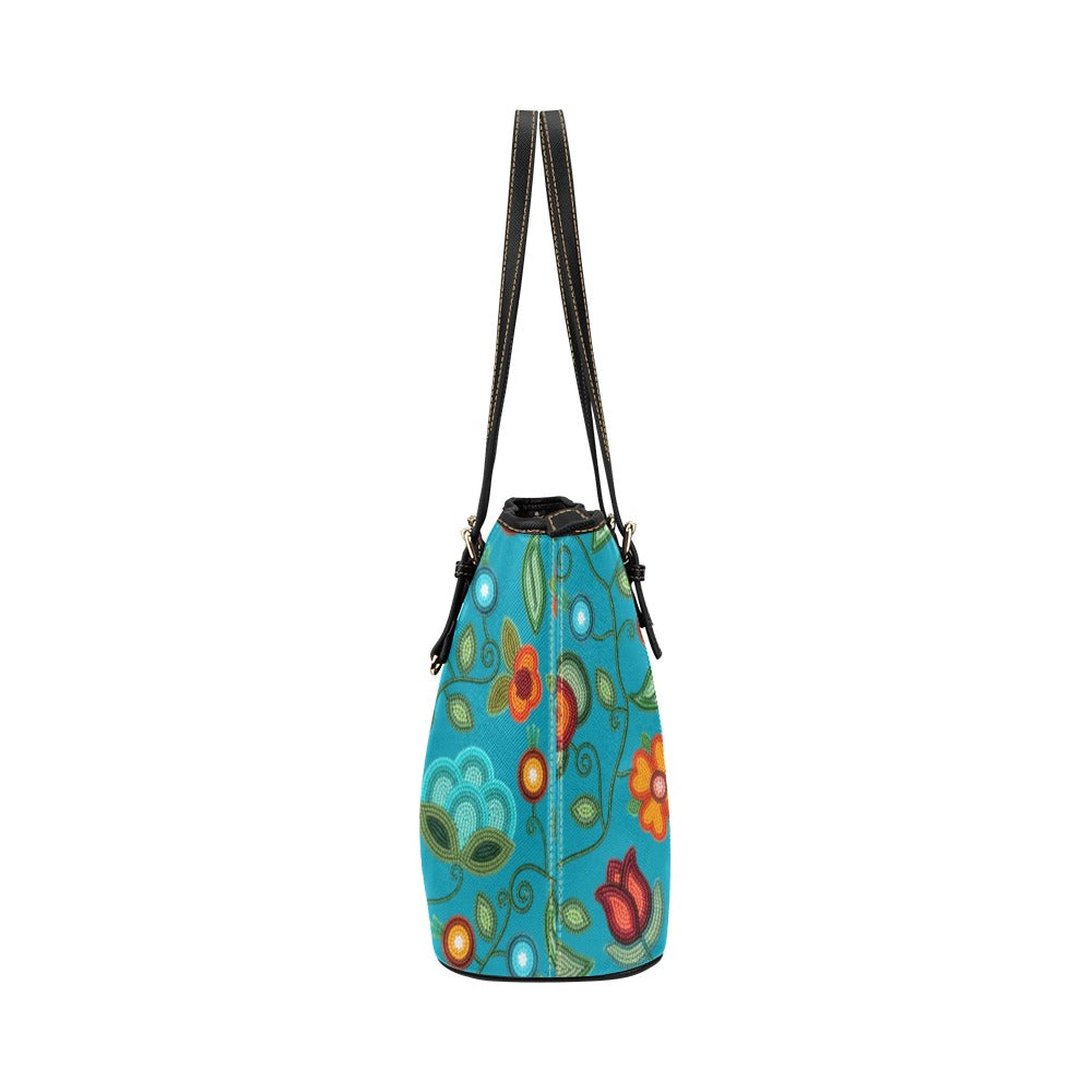 Prairie Fire Petals Ocean Leather Tote Bag/Large