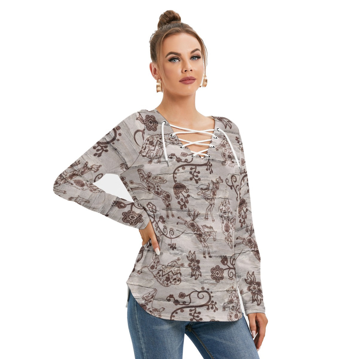 Forest Medley Women's Long Sleeve Neckline Tie Sweatshirt