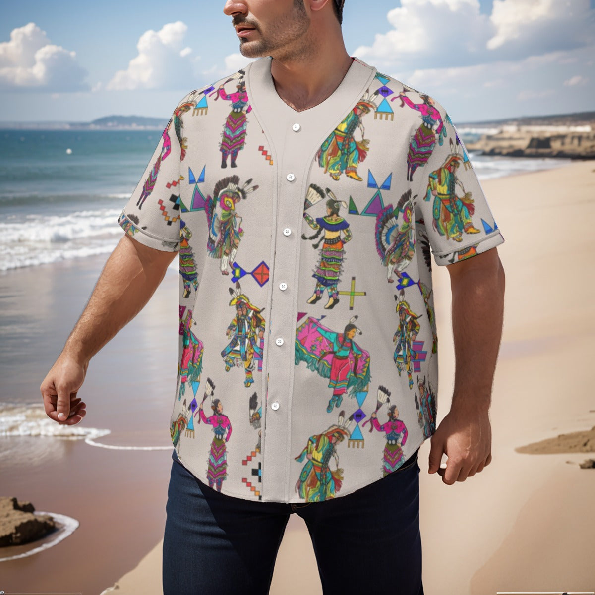 Grand Entry Dancers Muslin Men's Short Sleeve Baseball Jersey With Pinstripes