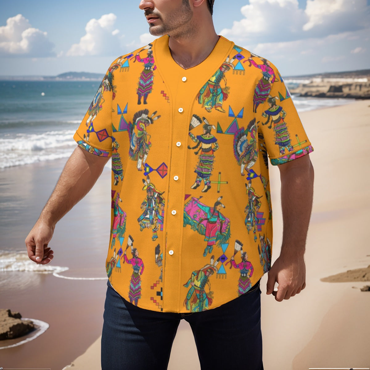 Grand Entry Dancers Orange Men's Short Sleeve Baseball Jersey With Pinstripes