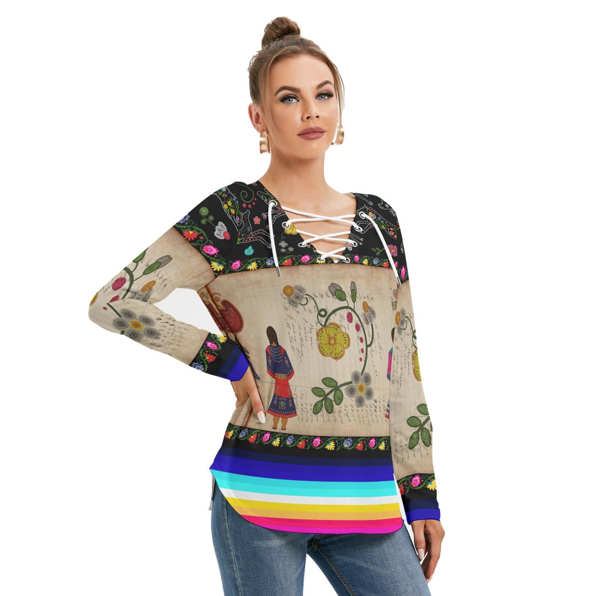 Floral Ledger Sisters Women's Long Sleeve Neckline Tie Sweatshirt