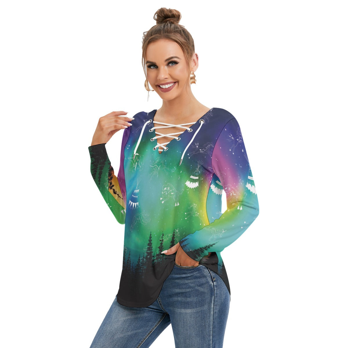 Aurora Medicine Animals Women's Long Sleeve Neckline Tie Sweatshirt