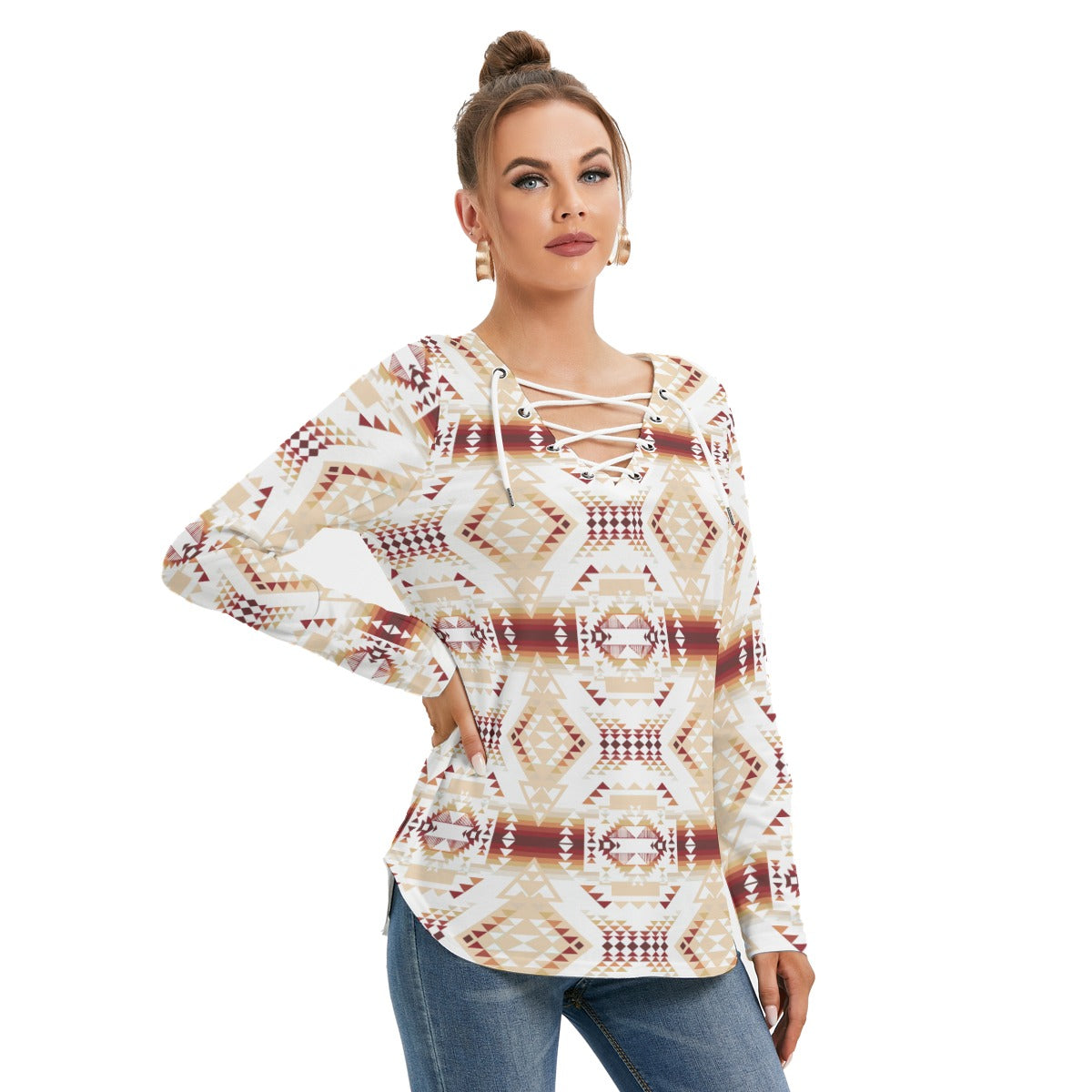 Gathering Clay Women's Long Sleeve Neckline Tie Sweatshirt