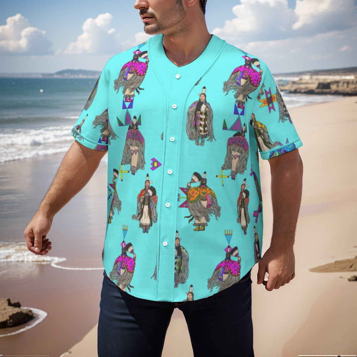 Women's Tradish Dancers Turquoise Men's Short Sleeve Baseball Jersey With Pinstripes