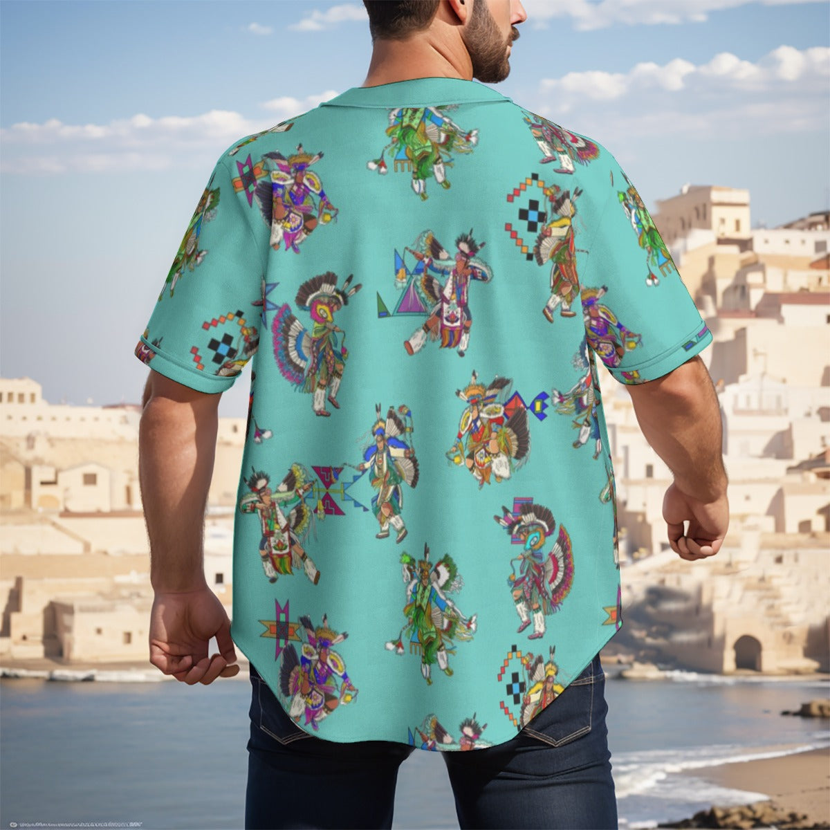 Men's Fancy Dancers Eggshell Blue Men's Short Sleeve Baseball Jersey With Pinstripes