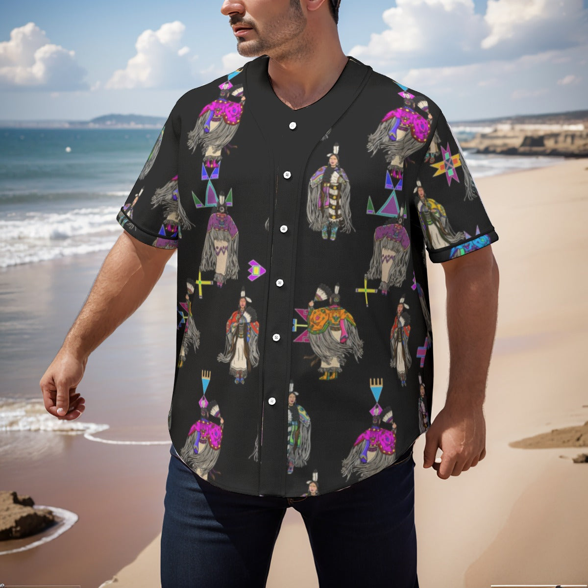 Women's Tradish Dancers Black Men's Short Sleeve Baseball Jersey With Pinstripes