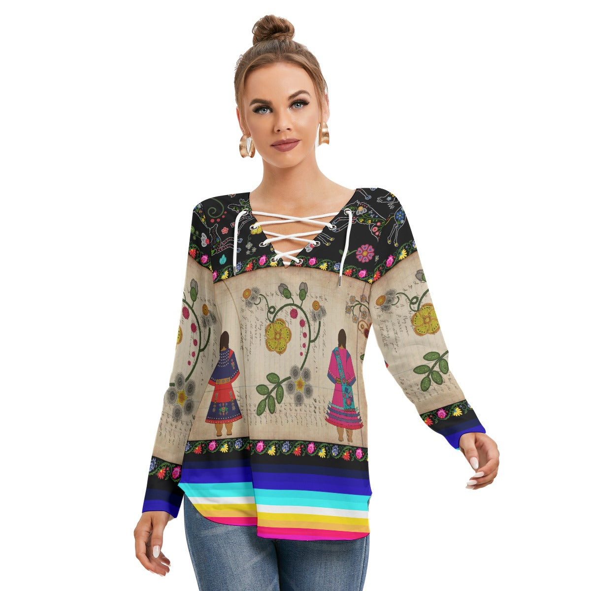 Floral Ledger Sisters Women's Long Sleeve Neckline Tie Sweatshirt