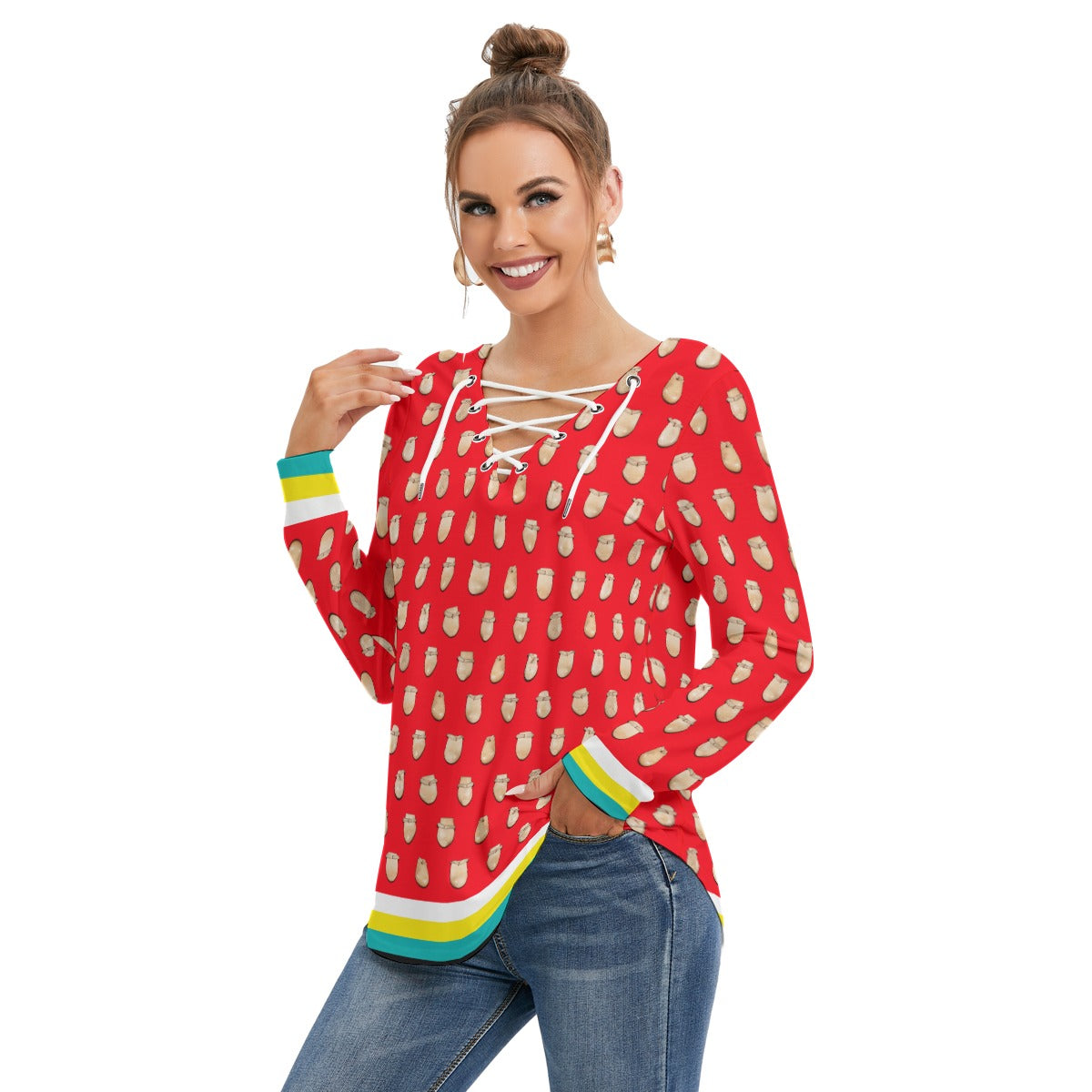 Elk Teeth on Red Women's Long Sleeve Neckline Tie Sweatshirt