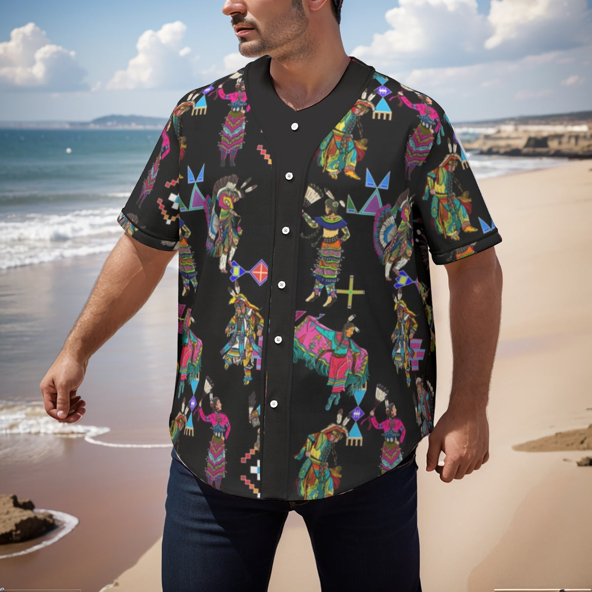 Grand Entry Dancers Black Men's Short Sleeve Baseball Jersey With Pinstripes