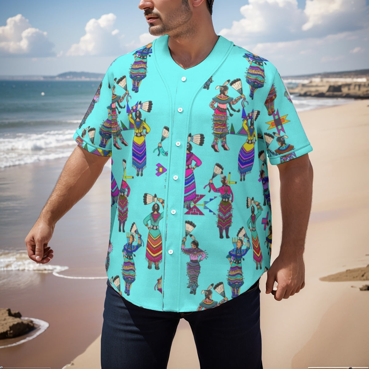 Women's Jingle Dancers Turquoise Men's Short Sleeve Baseball Jersey With Pinstripes