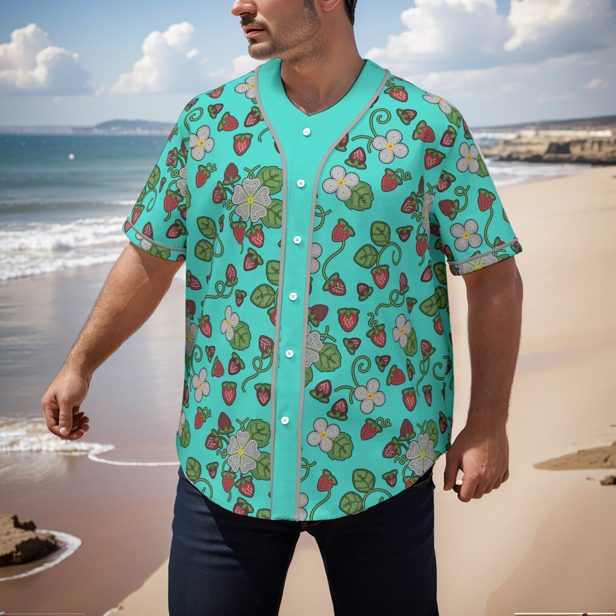 Strawberry Dreams Turquoise Men's Short Sleeve Baseball Jersey With Pinstripes