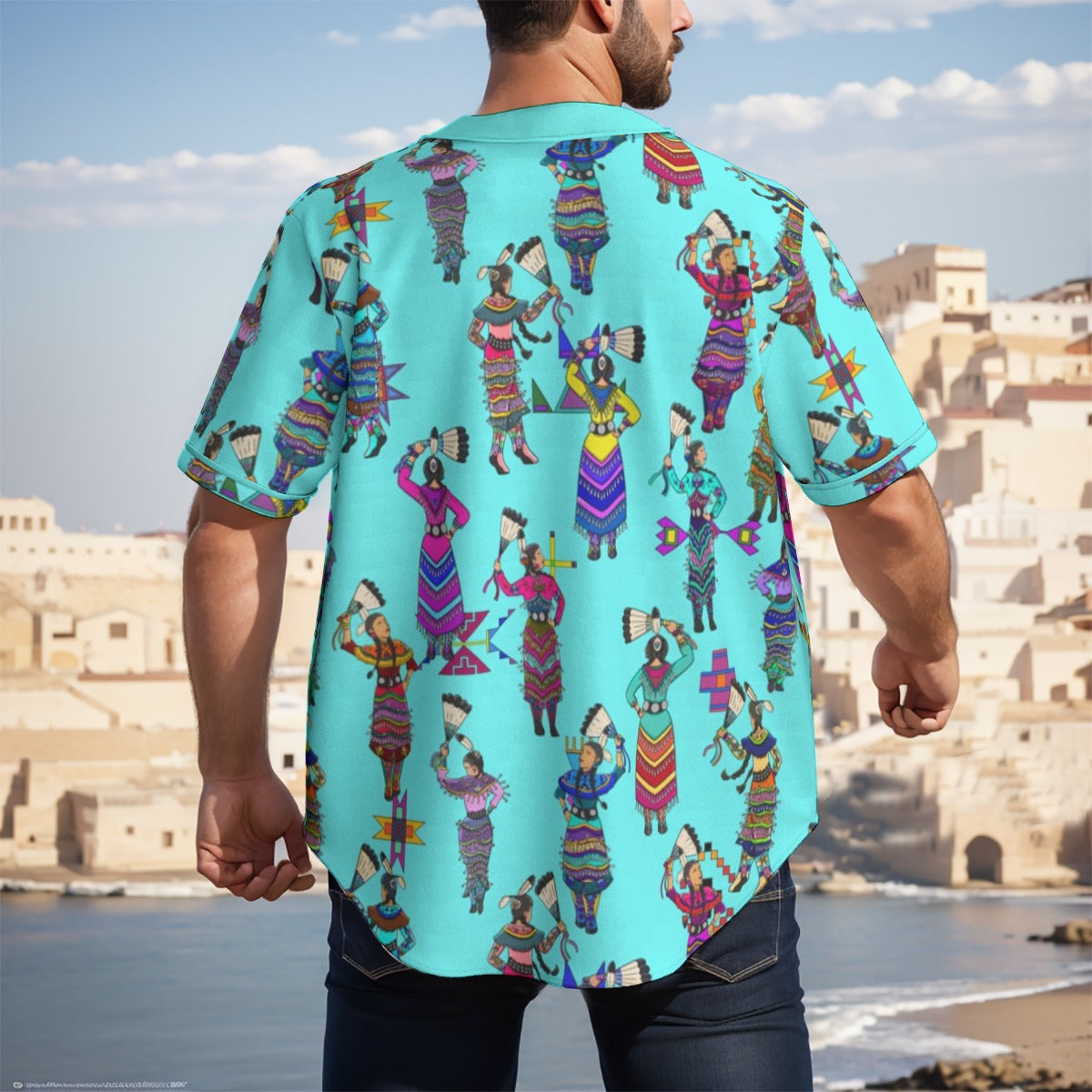 Women's Jingle Dancers Turquoise Men's Short Sleeve Baseball Jersey With Pinstripes