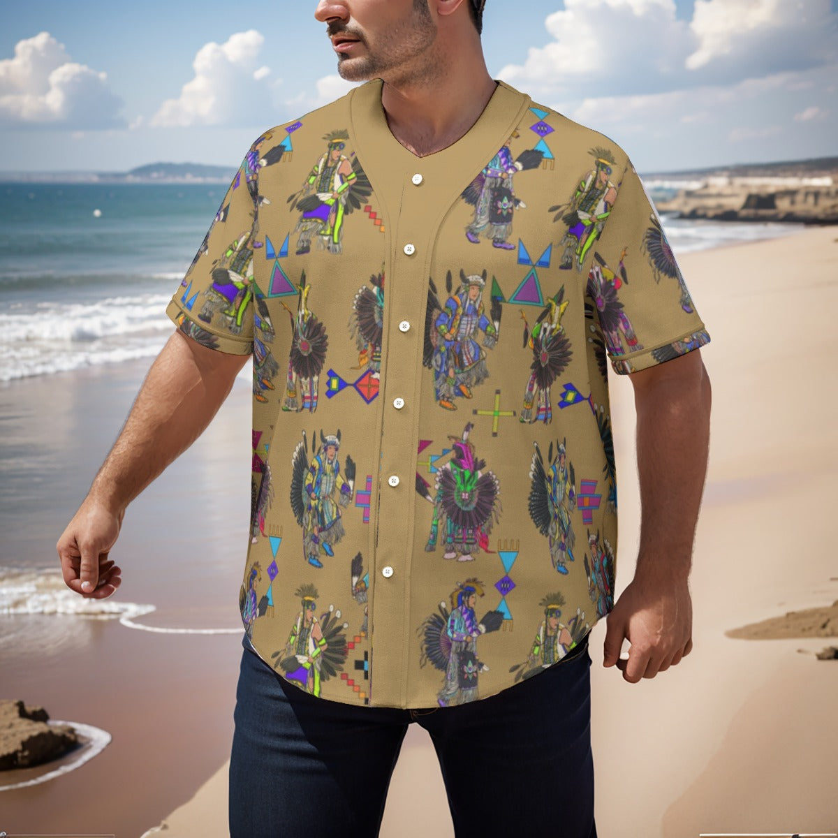 Men's Tradish Dancers Earth Men's Short Sleeve Baseball Jersey With Pinstripes