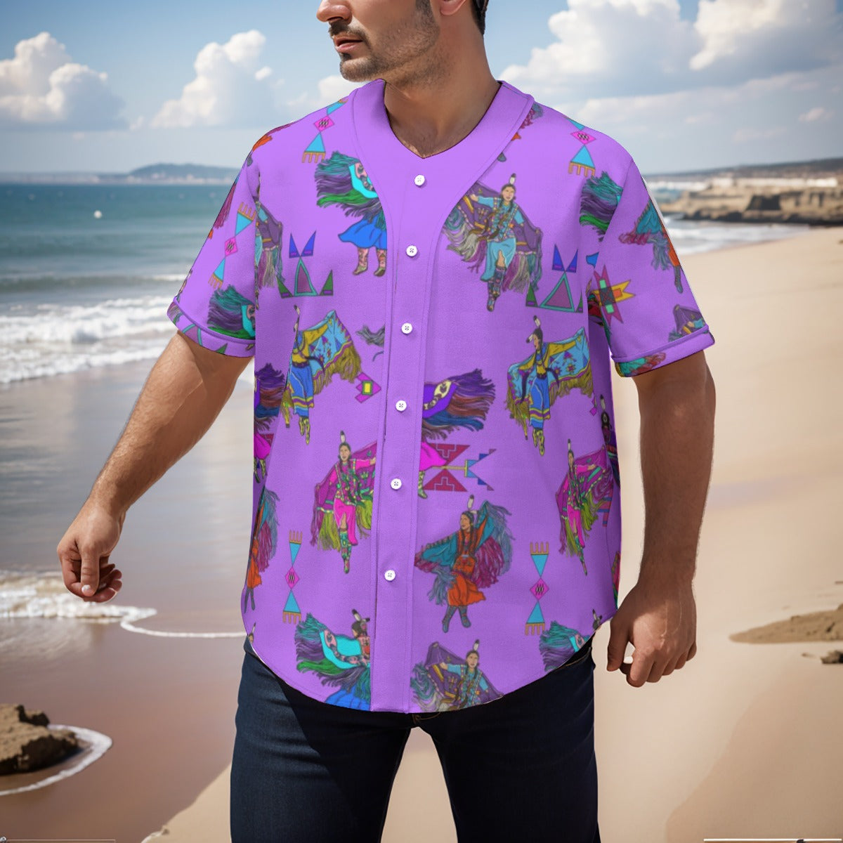 Women's Fancy Dancers Purple Men's Short Sleeve Baseball Jersey With Pinstripes