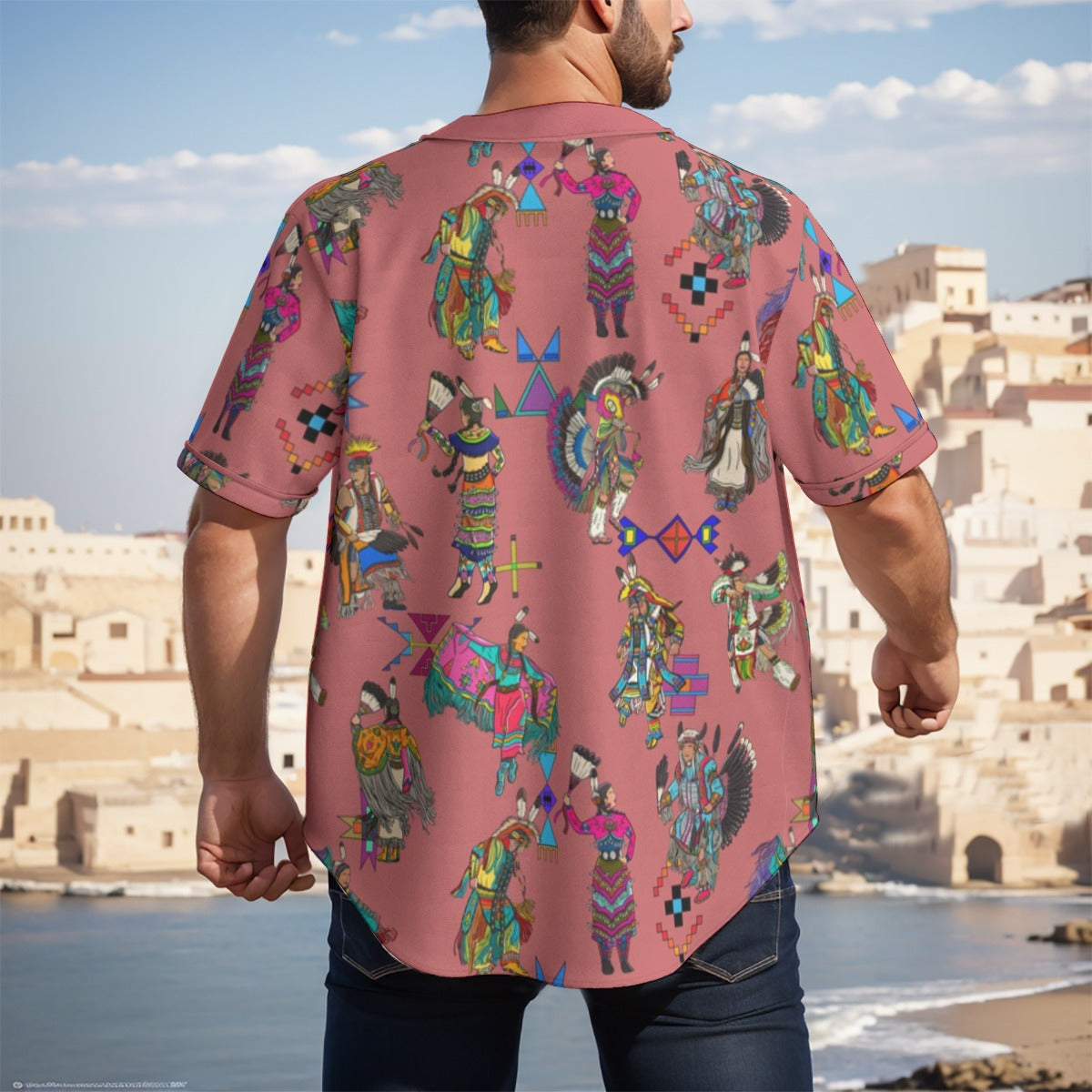 Grand Entry Dancers Terra Cotta Men's Short Sleeve Baseball Jersey With Pinstripes