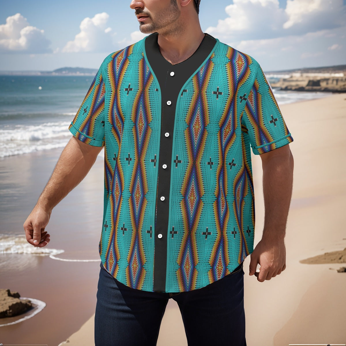Diamond in the Bluff Turquoise Men's Short Sleeve Baseball Jersey With Pinstripes