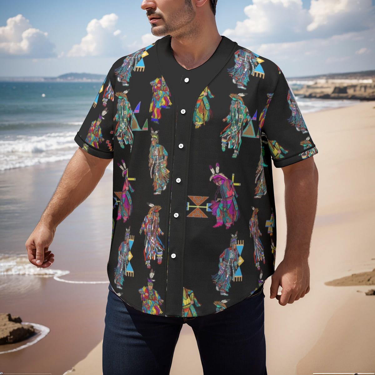 Men's Grass Dancers Black Men's Short Sleeve Baseball Jersey With Pinstripes