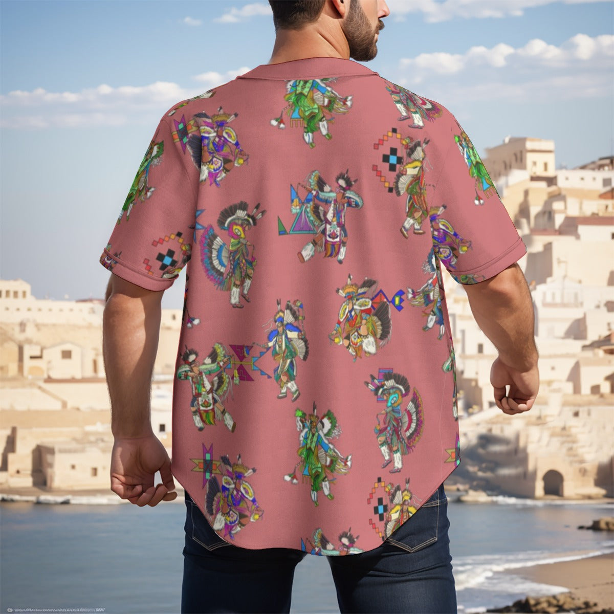 Men's Fancy Dancers Terra Cotta Men's Short Sleeve Baseball Jersey With Pinstripes